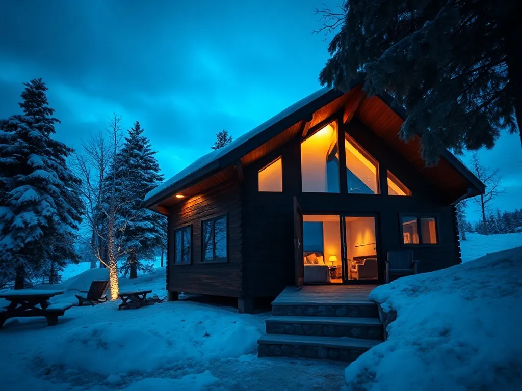 A wide shot of a modern minimalist mountain cabin at dusk wi