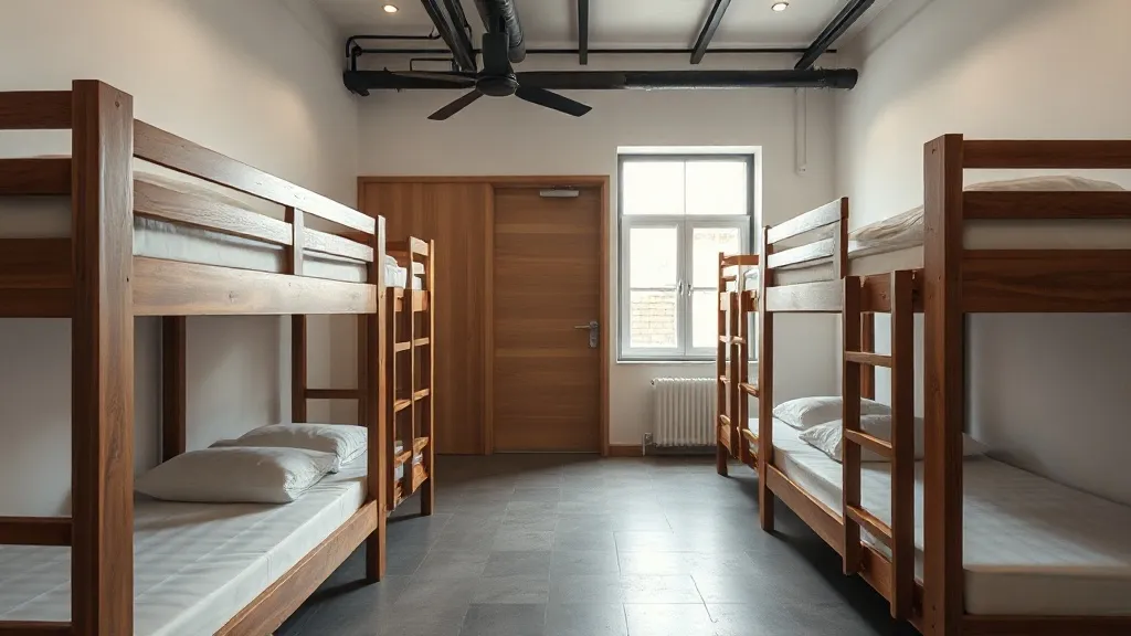 A clean, minimalist interior of a boutique hostel with woode