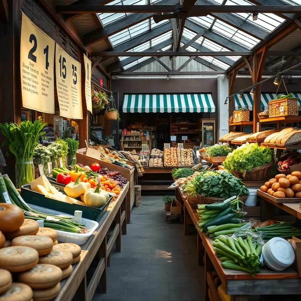 A wide shot of a traditional European local food market with