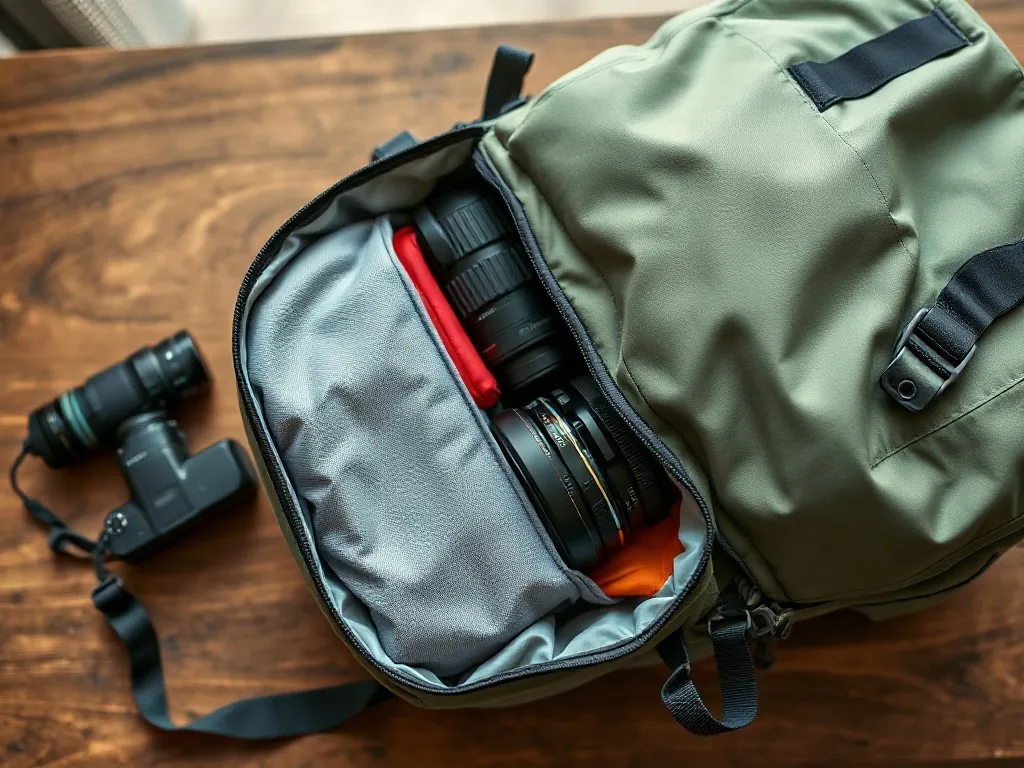 Detailed close-up of a well-organized travel backpack with p