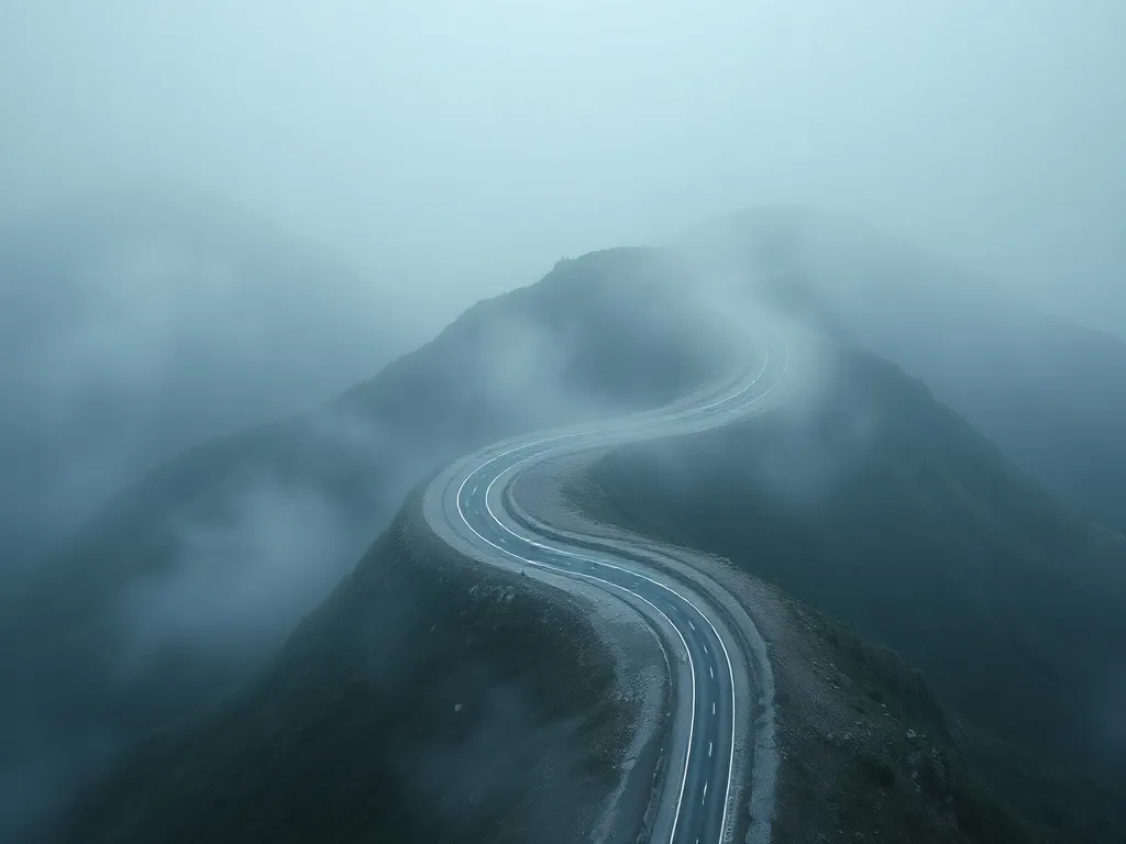 Aerial view of a winding silver road through a foggy blue mo