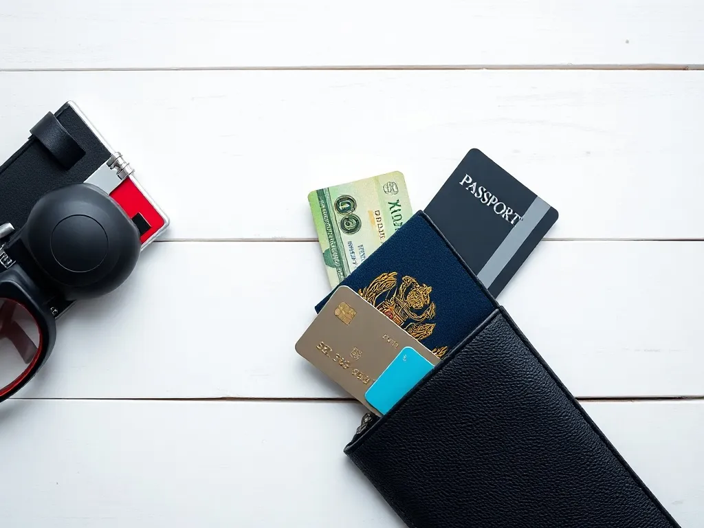 A minimalist flat lay of a passport, a hidden emergency cash